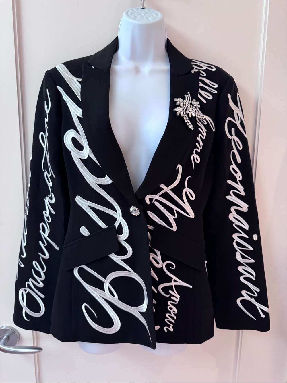 Cinq a sept Black Blazer with White Script Embroidery and Rhinestone Brooch NWT